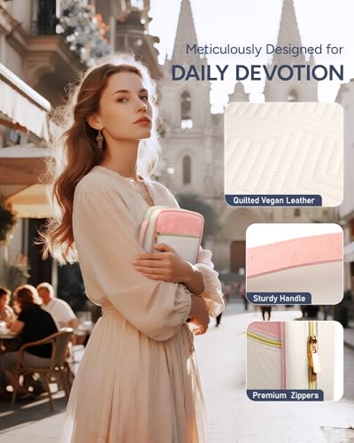 BellaHold Bible Cover Case for Women Quilted Bible Case with Handle Strap - color: White & Pink, size: XL