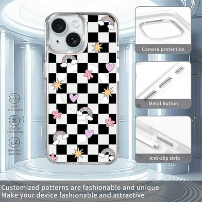 for iPhone 15 Case [Compatible with Magsafe],Girls Women Clear Magnetic Case Silicone Shockproof Protective Cover with Pattern Checkerboard Flowers - color: Checkerboard Flowers, size: iPhone 15