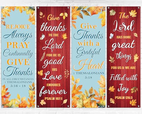 4Pcs Church Banners for Sanctuary Wall Welcome Inspirational Religious Hanging Backdrop Fall Thanksgiving Wood Grain Watercolor Maple Leaves Scripture Bible Verse Banner for Holiday School Decor - style: Yellow Fall Harvest