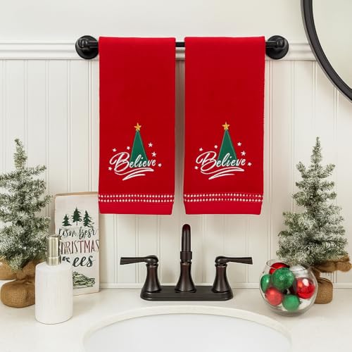 Christmas Red Guest Hand Bathroom Towels, Elegant Believe XMas Tree, 16x26" - color: Red