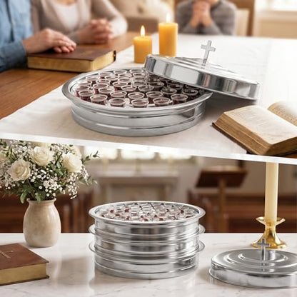 3Pc Stainless Steel Communion Tray with Lid – 40 Cup for Church – Silver - color: Silver