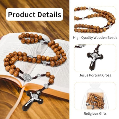 Wooden Rosary Necklace, Handmade Rosary Beads Necklace, Prayer Holy Soil Medal and Metal Cross For Catholic Or Christian Gift, Pouch Baptism Favors Gift
