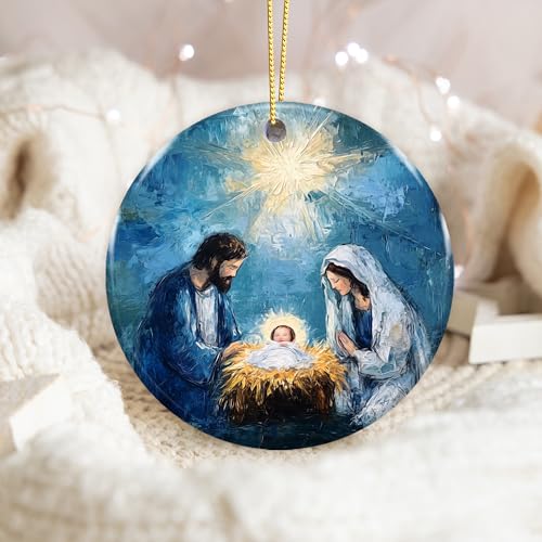 Holy Family Nativity Ornament – Ceramic Christmas Tree Decoration – Religious Christian Ornament Keepsake – Inspirational Xmas Holiday Décor Gift for Family Friends Teachers Church Members