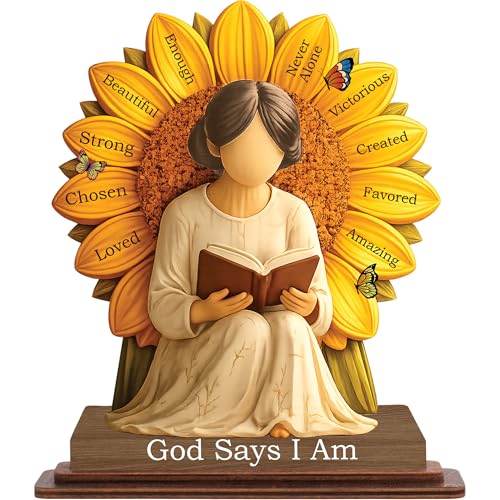 Christian Gifts for Women, God Says I Am Sunflower Bible Verse Desk Decor - color: kat-k-God Says I Am - plaque2