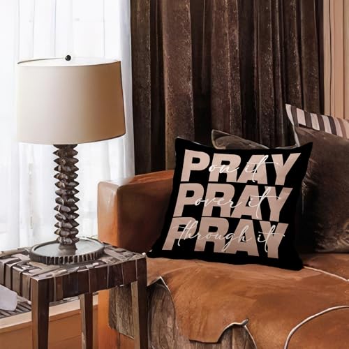 Black and Brown Christian Pray Decorative Throw Pillow Covers, Bible Verse Pillows Covers, Pray on It Over It Through It Pillow Cases Decor for Prayer Room Dorm Couch Bedroom 18x18in - color: Black&brown
