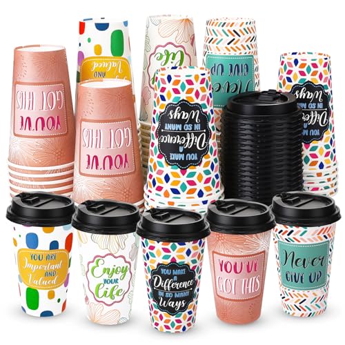50 Pack 16 oz Disposable Coffee Cups with Lids Pink Motivational - style: Fashion