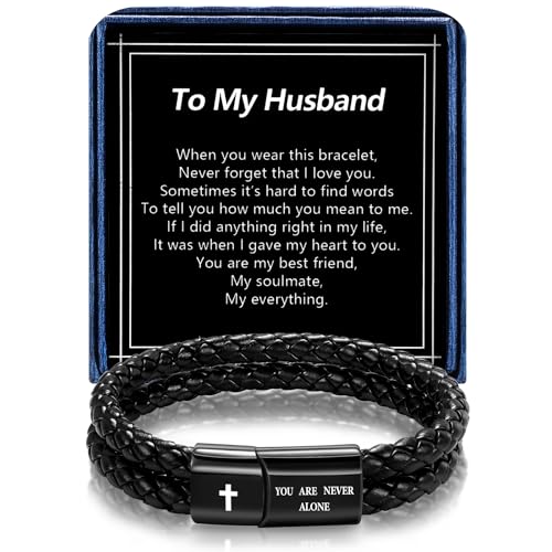 Christian Bracelet for Men, Bible Verse Leather Cross Gift for Men - color: A-To My Husband-You Are Never Alone-Love You Forever