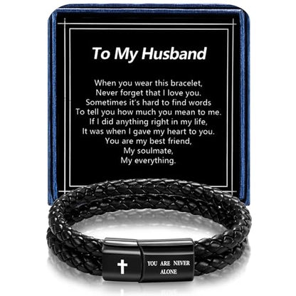 Christian Bracelet for Men, Bible Verse Leather Cross Gift for Men - color: A-To My Husband-You Are Never Alone-Love You Forever