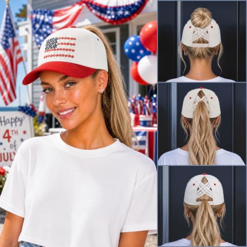 C.C Women's Criss-Cross Ponytail Trucker Hat - Snapback, One Size - color: Floral Flag-red