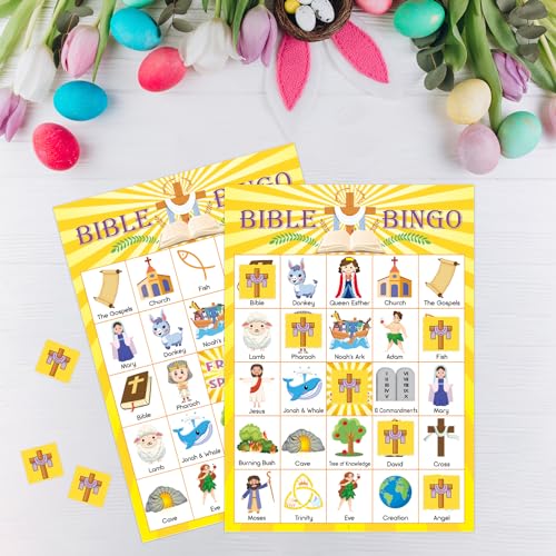 30 Players Bible Bingo Game for Kids - Vacation Sunday School Christian Church Game - Activities Easter Gifts Family Open Day Supplies - color: Bible