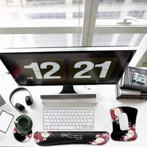 Keyboard Wrist Rest Pad and Ergonomic Mouse Pad Wrist Support Set Psalm 46:5 God is Within Her, She Will Not Fall Peony Flower for Gaming, Office, Comfortable and Pain Relief with Coaster Set - color: Fd-wristrest-2-6