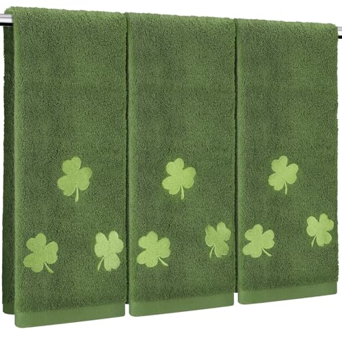 SmoothNovelty 3 Pcs St. Patrick's Day Hand Towels for Bathroom Green Shamrock Embroidered Cotton Kitchen Towels Lucky Clover Dishcloth 13.3" x 29.5" Irish Bathroom Decors for St. Patrick's Gift(Green) - color: Shamrock, size: 13.3 x 29.5 inches