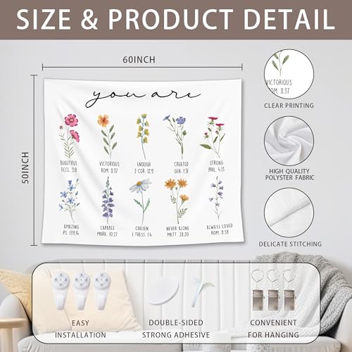 EGBTL Floral Christian Tapestry, Christian Wall Tapestry for Girls Room, Religious Inspirational You Are Bible Verses Tapestries Wall Hanging Decor for Home Church Prayer Room, 50x60 Inches