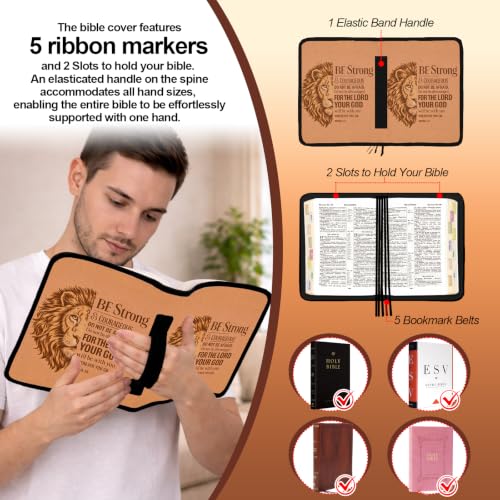 Brown Lion Large Bible Cover Case for Men, Bible Bag Carrying Case with Strap & Handle Zipper Pocket, Bible Study Supplies Journaling Kit with Pens Highlighters Tabs Christian Gift - color: Lion