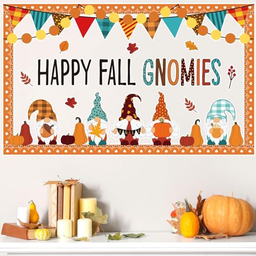 ojustbeok Fall Bulletin Board Decorations Fall Gnomes Bulletin Board Set Maple Leaves Paper Cutouts Autumn Pumpkin Thanksgiving Cutouts for School Classroom Supply Home Wall Decor - style: Fall Gnomes