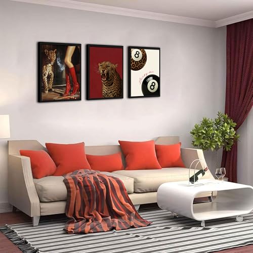 Trendy Leopard Wall Art Set of 3, Funky Red Long Boots Cheetah Wall Decor Paintings, Preppy Lucky 8 Aesthetic Posters Prints Pictures for Girls Bedroom Room Dorm Decor 12x16 Inch Wood Framed - color: Red Leopard, size: 16L" x 12W"