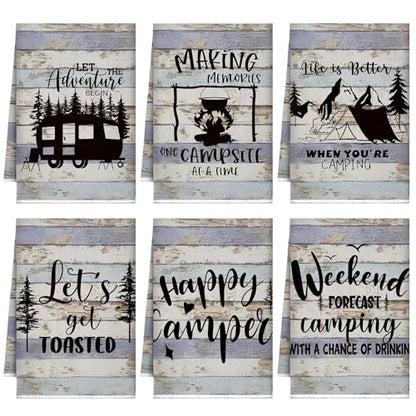 Boyiee Set of 6 Camping Kitchen Towels Happy Camper Tea Towels - color: Rustic