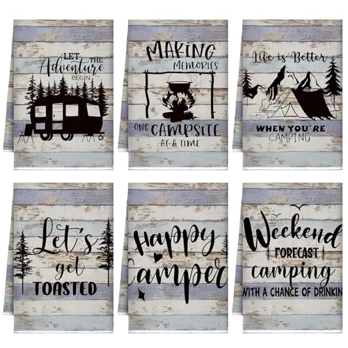 Boyiee Set of 6 Camping Kitchen Towels Happy Camper Tea Towels - color: Rustic