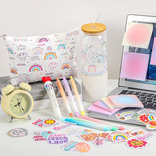 Watersay 64 Pcs Rainbow Inspirational Gifts for Women 16oz Glass Cup with Lid Straw Motivational Canvas Makeup Bag Pens Sticky Notes Stickers Stationery Accessories for Back to School - style: Rainbow