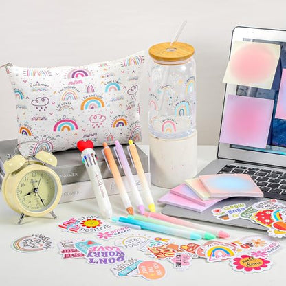 Watersay 64 Pcs Rainbow Inspirational Gifts for Women 16oz Glass Cup with Lid Straw Motivational Canvas Makeup Bag Pens Sticky Notes Stickers Stationery Accessories for Back to School - style: Rainbow