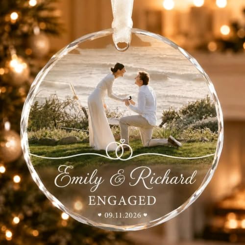 Personalized Engagement Photo Glass Ornament, Engaged Couples Photo Gift, Wedding Ornament, for Couple - color: Ds 06