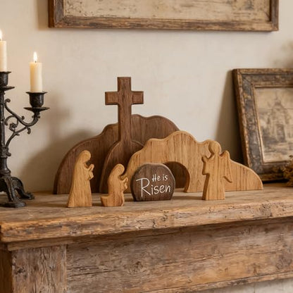 Easter Decorations, Wooden Empty Tomb Resurrection Decor, Cross Jesus Tomb Tray Set, Nativity Scene Decor, Religious Tabletop Easter Decor for Home and Office, Christian Gifts