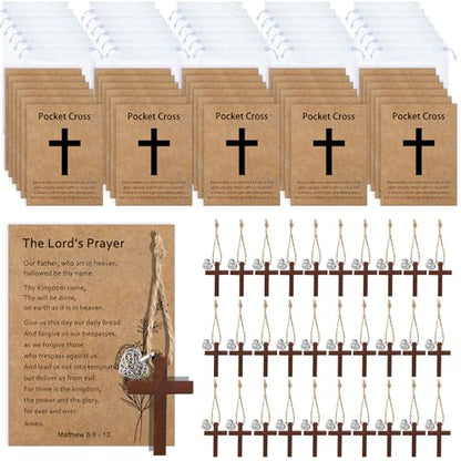 30 Wooden Pocket Crosses with Prayer Cards - Bulk Christian Gifts