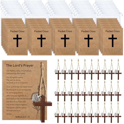 30 Wooden Pocket Crosses with Prayer Cards - Bulk Christian Gifts