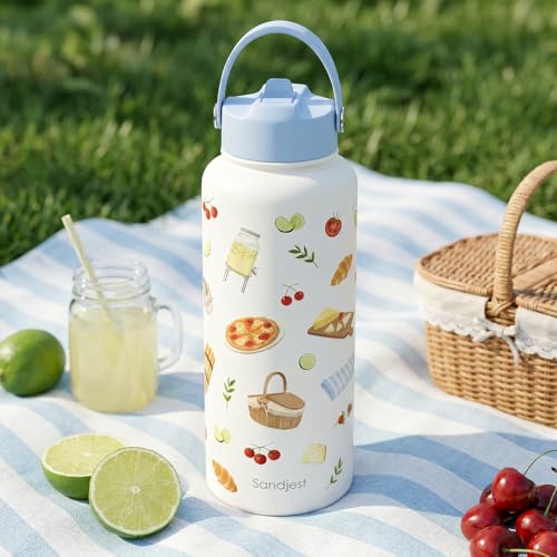 SANDJEST Picnic Gift for Women, Water Bottle Stainless Steel 32oz with Lid & Straw, Summer Vibe Insulated Bottles Gifts for Girls Friends Teens Birthday Christmas - color: Picnic