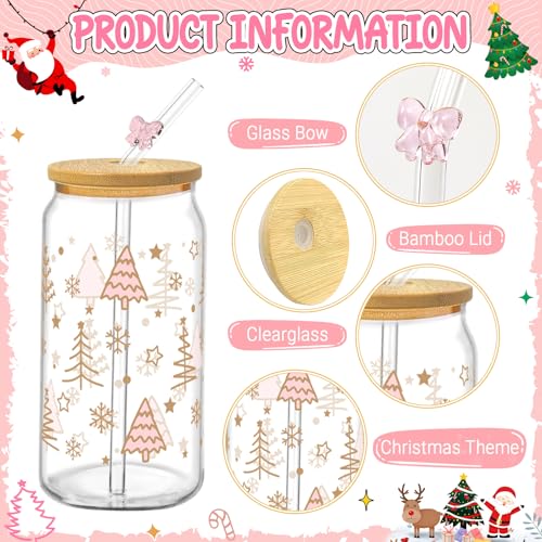 Glass Cups with Lids and Straws, 6Pack, 16oz, Christmas - style: Christmas Gingerbread