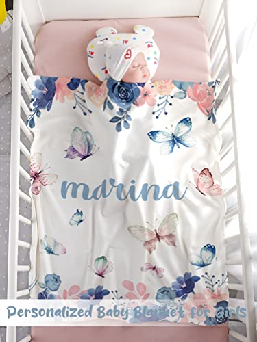 Personalized Baby Blanket for Girls, Custom Baby Blanket with Name Super Soft Personalized Name Blankets for Kids, Custom Butterfly Blankets for Infant Toddler, Babys Gifts for Birthday - color: Flower Butterfly