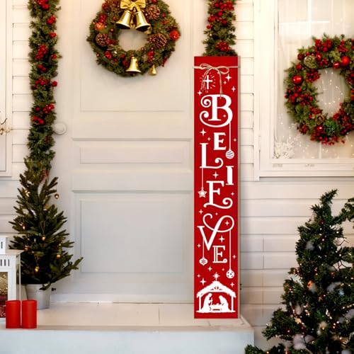 Christmas Porch Sign Believe Nativity Welcome Sign for Front Porch, Red ChristianWood Signs for Patio Jesus Tall Standing Wooden Yard Sign Bless Xmas Decoration for Indoor Outdoor - color: Christmas Believe