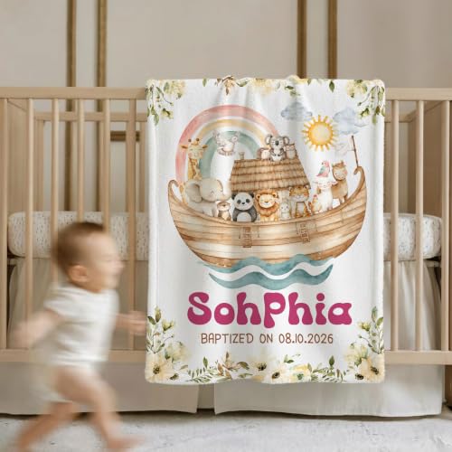 Personalized Baptism Noah's Ark Toddler Blanket, Christian Rainbow Animal Bible Story Throw, Custom Name and Date Faith Keepsake for Boy Girl, Religious Gift from Parents Grandparents - color: Baptsim Toddler Blanket#8