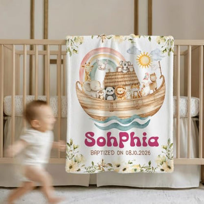 Personalized Baptism Noah's Ark Toddler Blanket, Christian Rainbow Animal Bible Story Throw, Custom Name and Date Faith Keepsake for Boy Girl, Religious Gift from Parents Grandparents - color: Baptsim Toddler Blanket#8