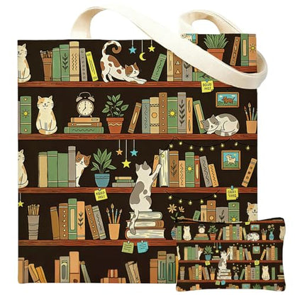 DHQH Cute Cat Canvas Tote Bag for Women, Cat Lover Gifts Beach Bag Reusable Grocery Bag, Birthday Gifts for Sister Daughter Mom Who Loves Cats - style: Cat Book-bag