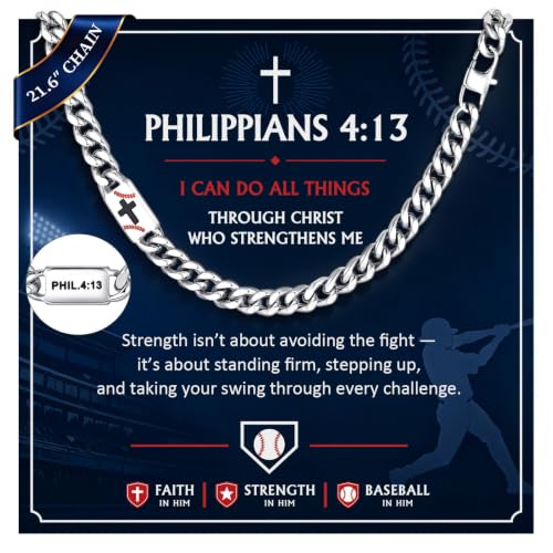 MEALGUET Stainless Steel Baseball Cross Cuban Chain Necklace Inpirational Gifts for Men - style: Philippians 4 13 - Silver