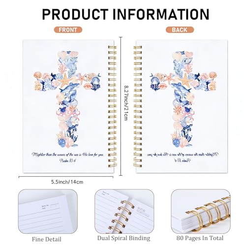 Cross Bible Journal Notebook, Christian Gifts for Women, Seashell Christian Spiral Note Book, Psalm 93:4 Religions Gifts Hardcover Journaling for Church Notes 5.5x8.3 Inch - color: Seashell Cross