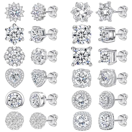 NEWITIN 12 Pairs Silver Earrings for Men Women Halo Stud Earring Set - color: Silver B