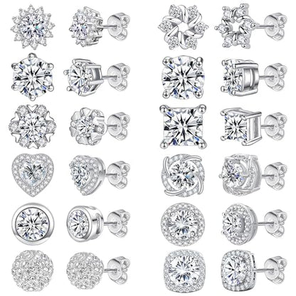 NEWITIN 12 Pairs Silver Earrings for Men Women Halo Stud Earring Set - color: Silver B