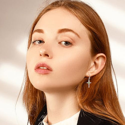 ONEFINITY Cross Earrings for Women 925 Sterling Silver Cross Birthstone Dangle Drop Earrings Infinity Cross Religious Jewelry Gifts for Women - color: 08-Aug-Created Peridot