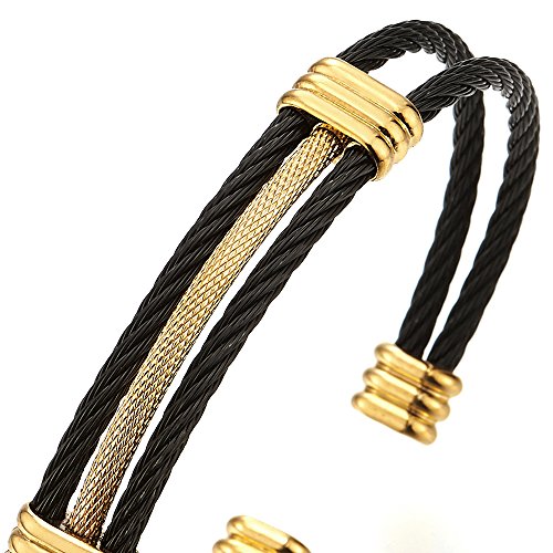 Men Women Stainless Steel Twisted Cable Adjustable Cuff Bangle Bracelet - color: D-Metal Color: Black & Gold