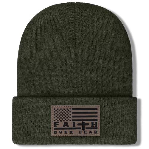 Christian Cross Beanie Hats for Men Women, Faith Winter Cuffed Hats, Religious Gifts for Thanksgiving Christmas New Years - color: Dark Green, style: Faith Over Fear