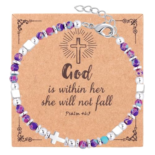 Beaded Bracelets for Women, Inspirational Natural Gemstone Bracelets Graduation Mothers Day Christmas Birthday Gifts for Mom, Daughter, Granddaughter, Wife, Sister, Best Friend - color: Purple, style: Cross
