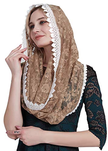 YHDDYG Infinity Veil for Catholic Mass Lace Infinity Scarf Church Veil for Girls Mantilla Infinity Veils Roses S97 - color: Champagne Infinity