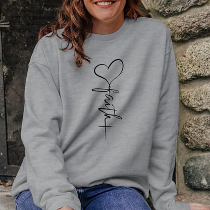 KIEKIECOO Faith Christian Sweatshirts for Women Religious Crewneck Sweatshirt Letter Print Fall Pullover Long Sleeve Tops - color: Light Gray, size: X-Large