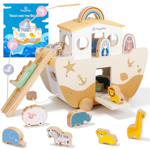 SIMPLIPLAY Wooden Noah's Ark Toy with Animal Shape Sorter & Story Book