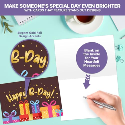 Decorably 24 Pack Gold Foil 4x6in Blank Happy Birthday Cards