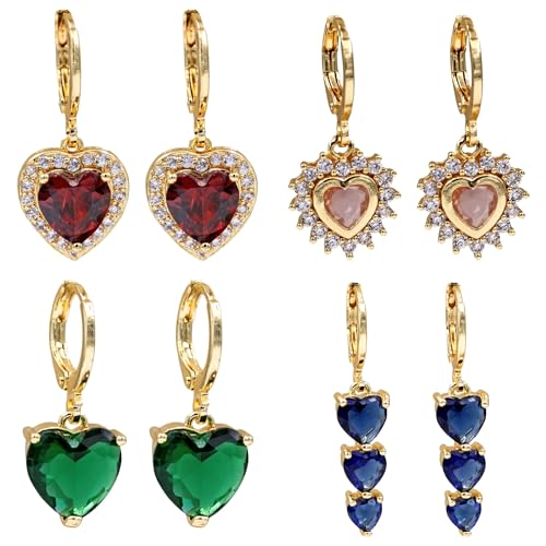 18K Gold Plated, Dangle Earrings for Women, Flower/Heart Drop earrings, Hypoallergenic Cubic Zirconia Earrings, Lightweight, Party, gold earrings, Jewelry for Gifts, Fashion - style: Drop-Heart-Mixcolor
