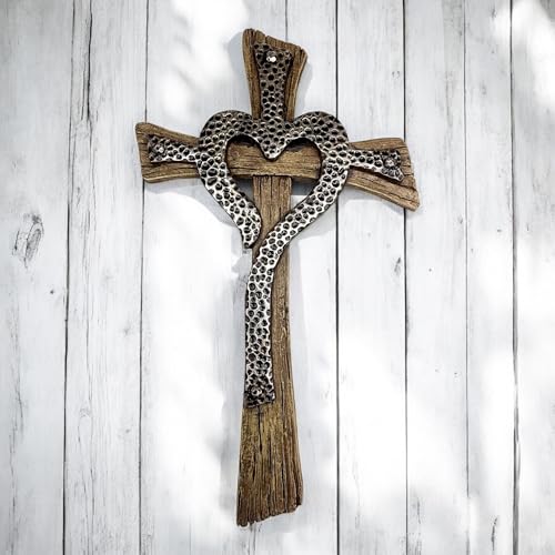 Rustic Resin Heart Cross Wall Decor – 12 1/2” Faux Wood and Hammered Metal Look Religious Wall Cross – Christian Home Decor Symbolizing Love and Faith – Farmhouse Style Wall Hanging Jesus Art Sculpture