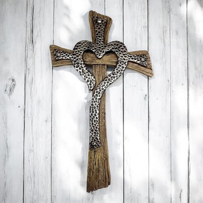 Rustic Resin Heart Cross Wall Decor – 12 1/2” Faux Wood and Hammered Metal Look Religious Wall Cross – Christian Home Decor Symbolizing Love and Faith – Farmhouse Style Wall Hanging Jesus Art Sculpture